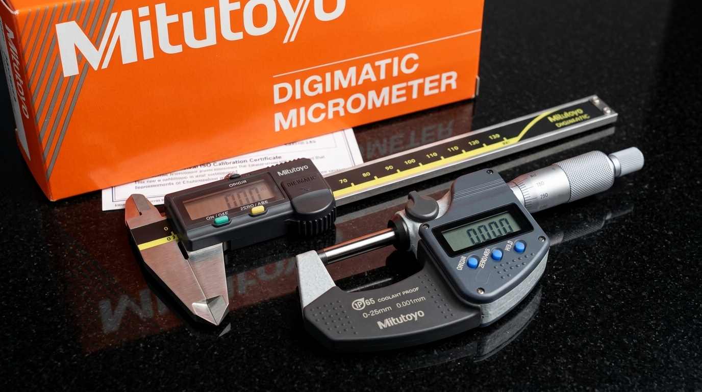 Instrumentos de metrología industrial Mitutoyo en el taller de Alcyde: micrómetro digital IP65 y calibre digital sobre mesa de control de granito